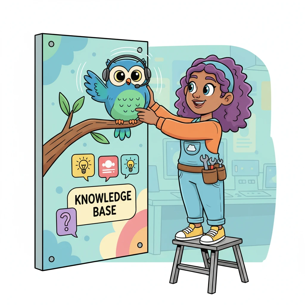 To the side of the bustling control center, Pete adds a clever "Chatbot Service," a friendly, talking owl perched on a branch. This wise owl has a big "Knowledge Base" of answers and loves to help users with their questions, always ready with a hoot of a helpful response.