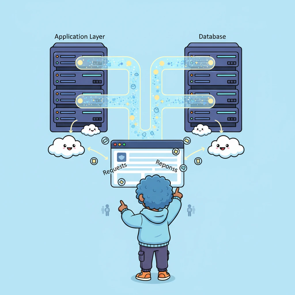Tiny "Request" bubbles float from the users towards the web interface, while cheerful "Response" clouds drift back, carrying answers. "Data Access" pathways glow between the application layer and the database, showing important information flowing like a gentle, sparkling river.
