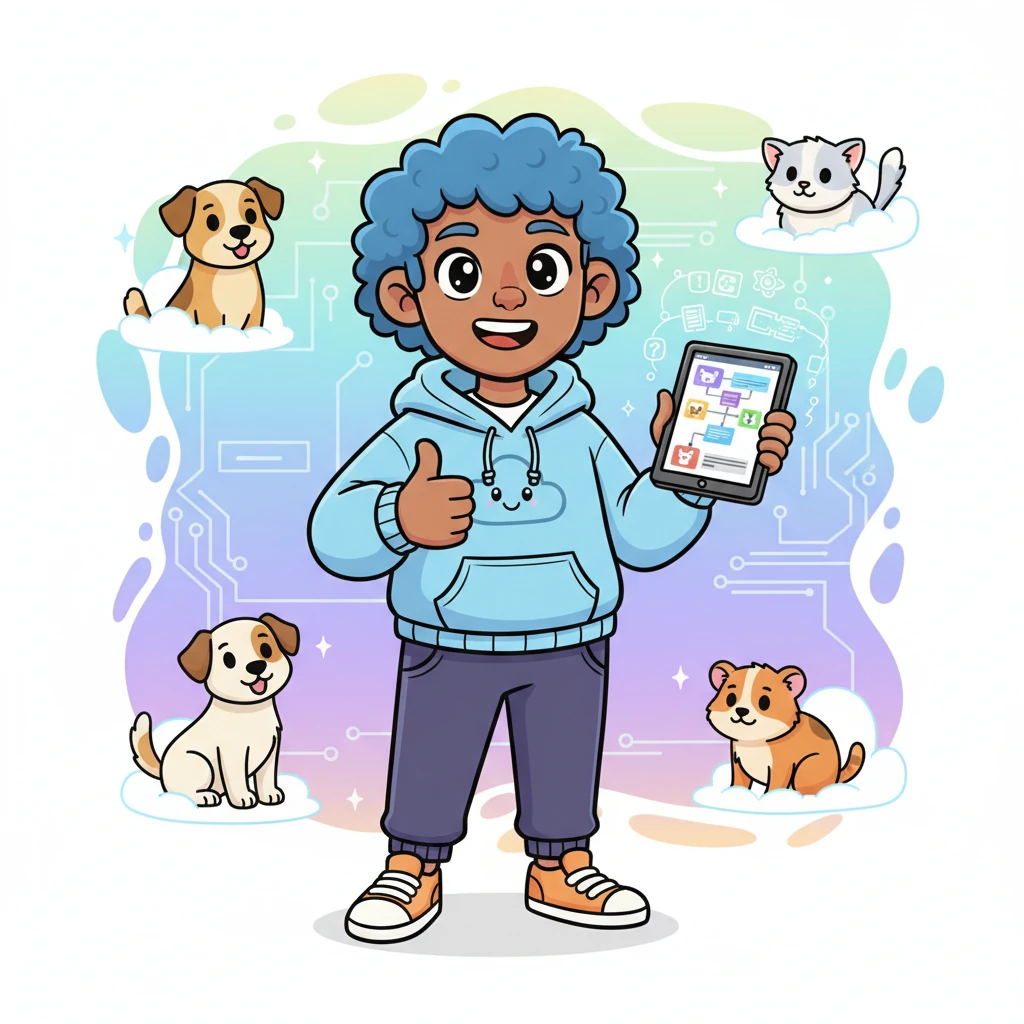 With a final, triumphant flourish, Pixel Pete gives a big thumbs-up, knowing his "Animal Health Records System" will help countless animal friends and their human companions. He dreams of his next big digital adventure, already imagining more amazing things to build with his magical pencil.