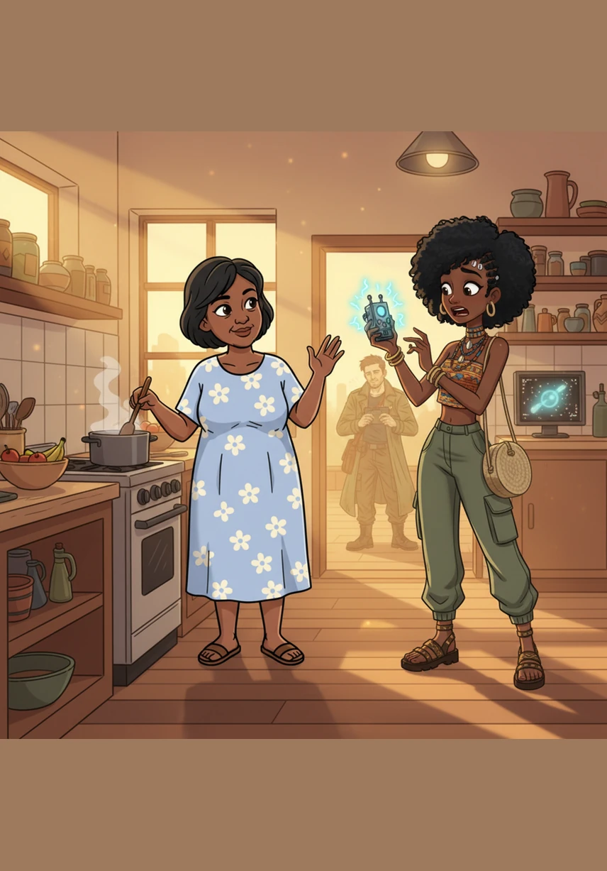 In the warm glow of the kitchen, Nyoka's mother hums a tune while preparing breakfast, casually dismissing her daughter's panic as a simple technical glitch.