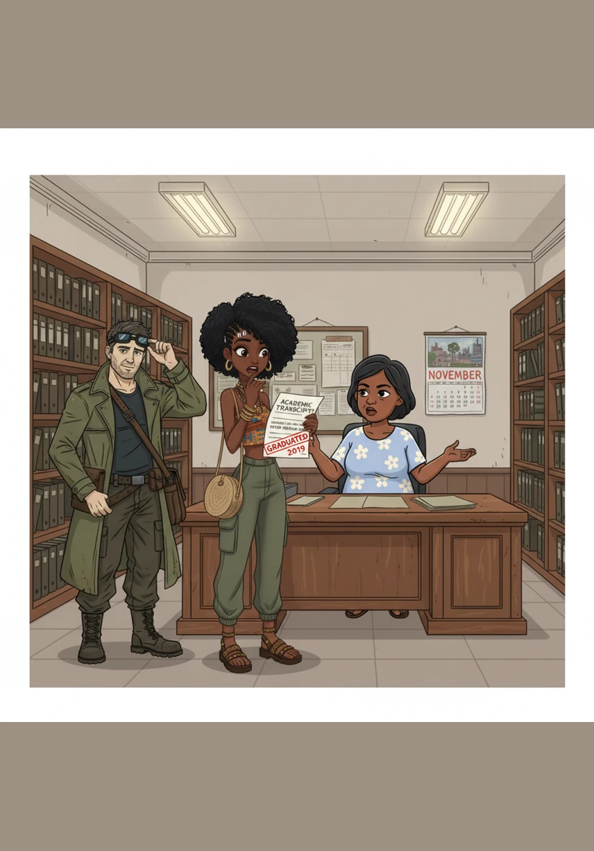 The university registrar's office feels cold as the clerk turns a monitor toward Nyoka, showing a void where her academic records and existence should be.