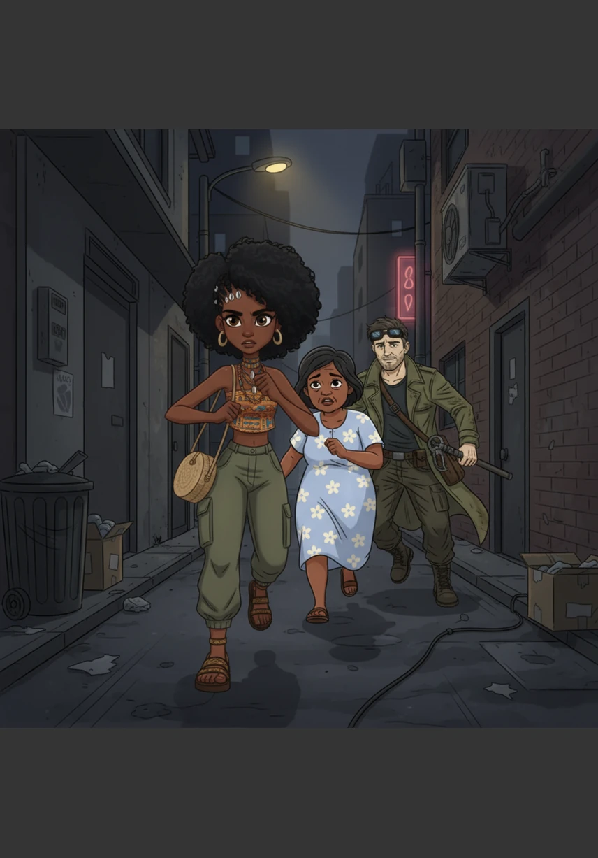 Fear fuels Nyoka's steps as she sprints through a dark, narrow alleyway, the rhythmic sound of heavy footsteps echoing behind her in the shadows.