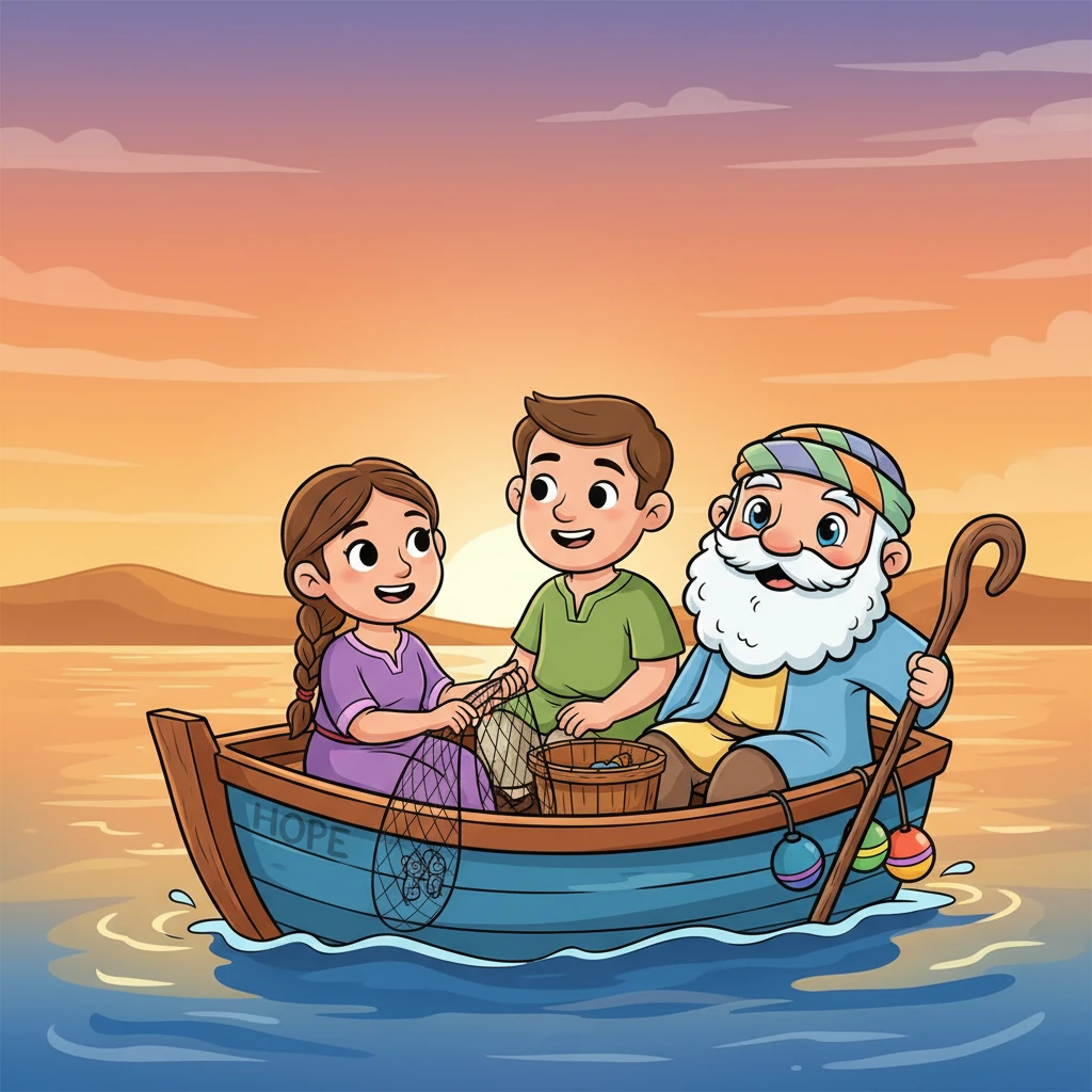 The little wooden boat, named 'Hope,' bobbed gently on the calm, blue-gold water. Three friends, tired after a long day of fishing, smiled as the sun began its sleepy descent, painting the sky in soft, warm hues.