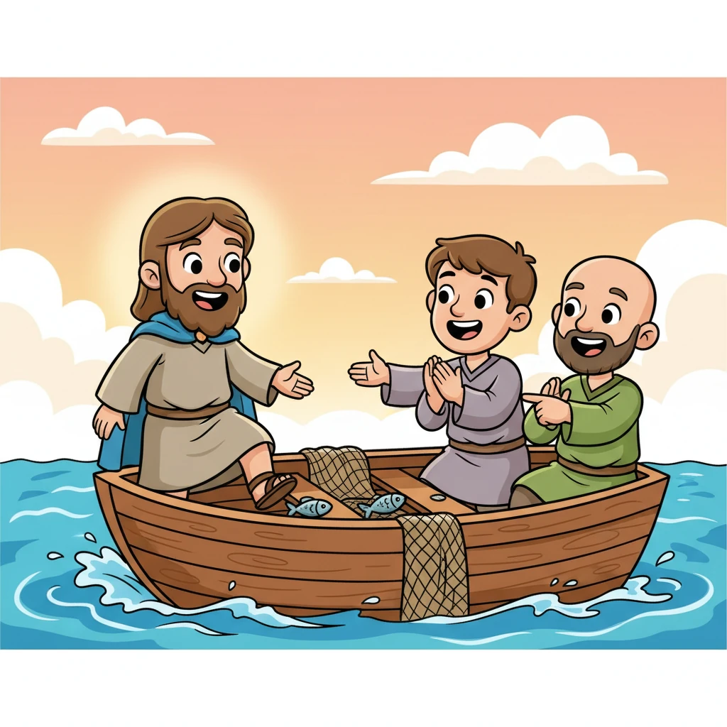 Suddenly, a kind man with a gentle smile, Jesus, stepped into the boat. His eyes twinkled with warmth, and a peaceful aura filled the air. The friends welcomed him with happy, surprised faces, their weariness melting away.