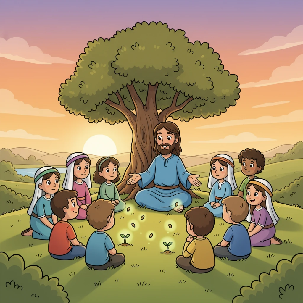 Jesus settled down, and the golden light of the setting sun wrapped around everyone like a cozy blanket. He began to tell a wonderful story, his voice soft and comforting, about seeds and growing things.