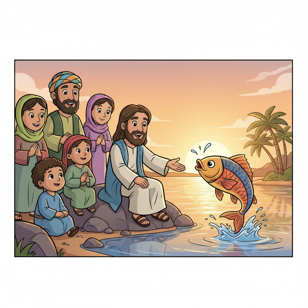 A playful fish leaped out of the water, catching the last rays of sunlight, as if it too wanted to hear Jesus's gentle words. Everyone chuckled softly, feeling a deep sense of joy and contentment.