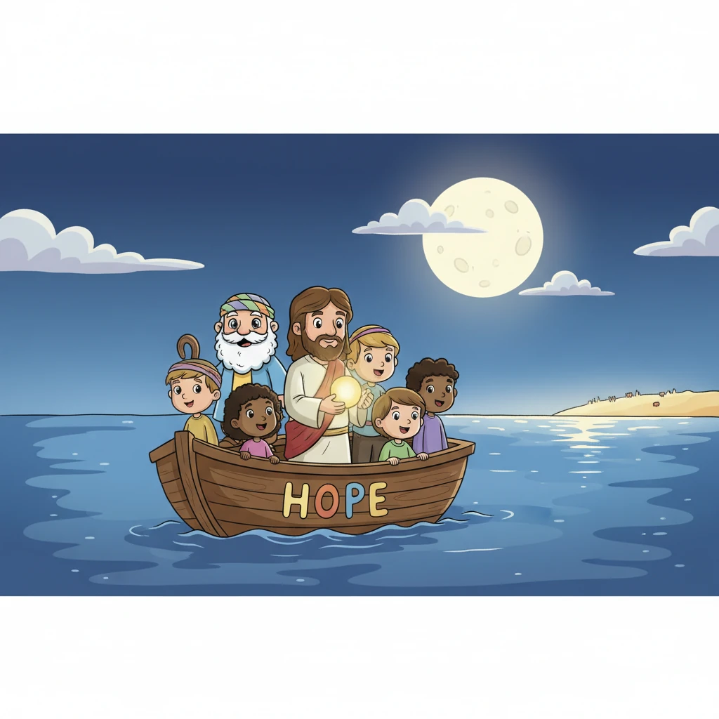 The little boat, 'Hope,' gently glided towards the distant shore, guided by the soft moonlight. Everyone felt calm and loved, carrying the peace and wisdom of that magical evening in their hearts.