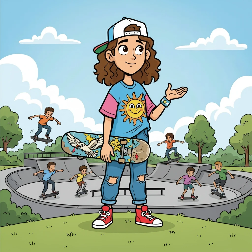 Ainur, a teenager with a spark of adventure in her eyes, gazes longingly at a group of skateboarders gliding effortlessly through the park. She's always been fascinated by the way they seem to fly, defying gravity with every trick. Today, she's decided: she wants to learn to skateboard.