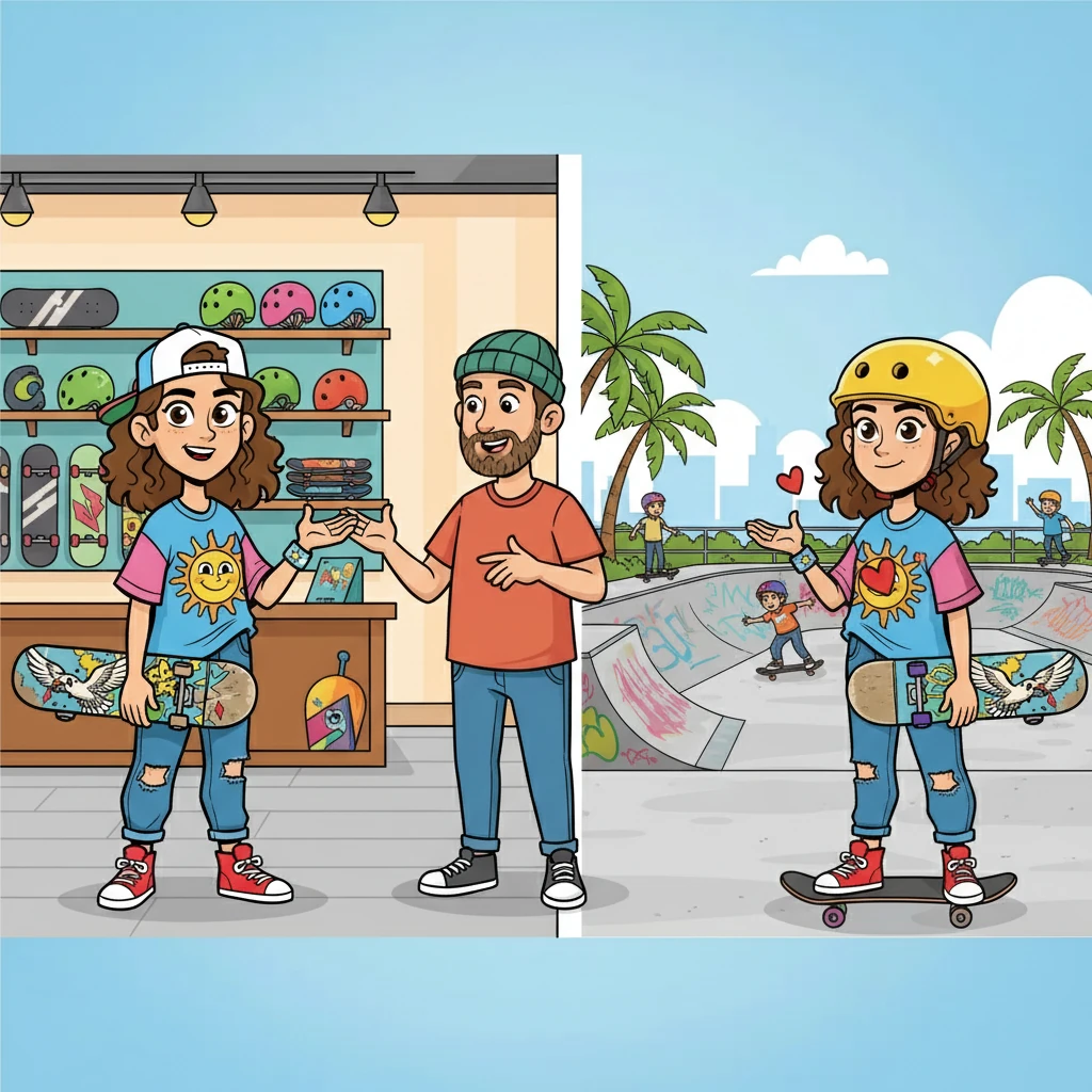 Her first purchase is a shiny new skateboard, with colorful wheels and a cool design that reflects her personality. The local skate shop owner, seeing her enthusiasm, offers some basic tips and safety advice. Armed with her new board and a helmet, Ainur heads to the skatepark, her heart pounding with anticipation.