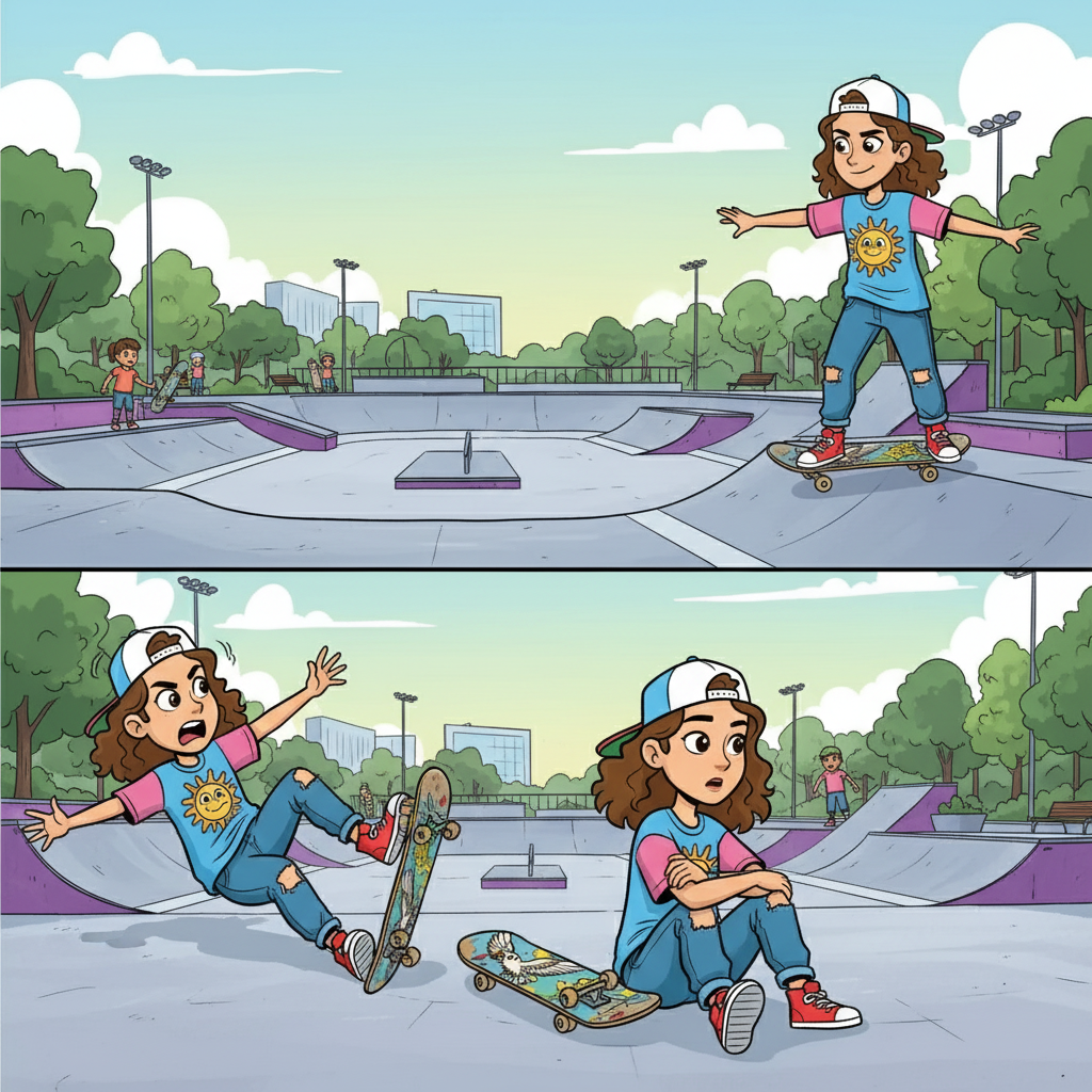 The Gorky Central Park of Culture and Leisure in Almaty, with its brand-new skatepark, is Ainur's training ground. Initially, she struggles, wobbling and falling as she tries to find her balance. But with each attempt, she picks herself up, determined to master the art of skateboarding.