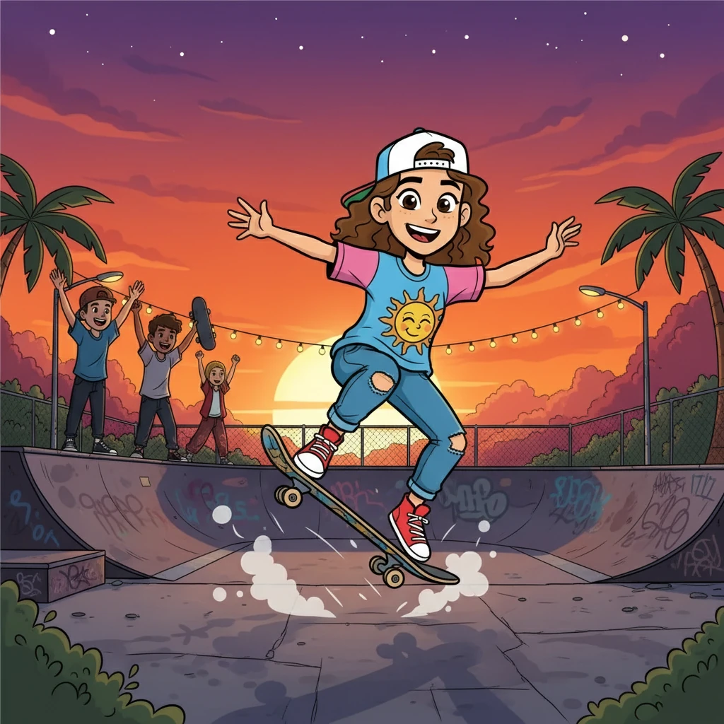 Ainur, smiling with the setting sun painting the sky, performs an ollie, finally landing it, now ready to try more tricks. She is now a skater. She has fun, and is surrounded by her new friends, and it is a wonderful new lifestyle.