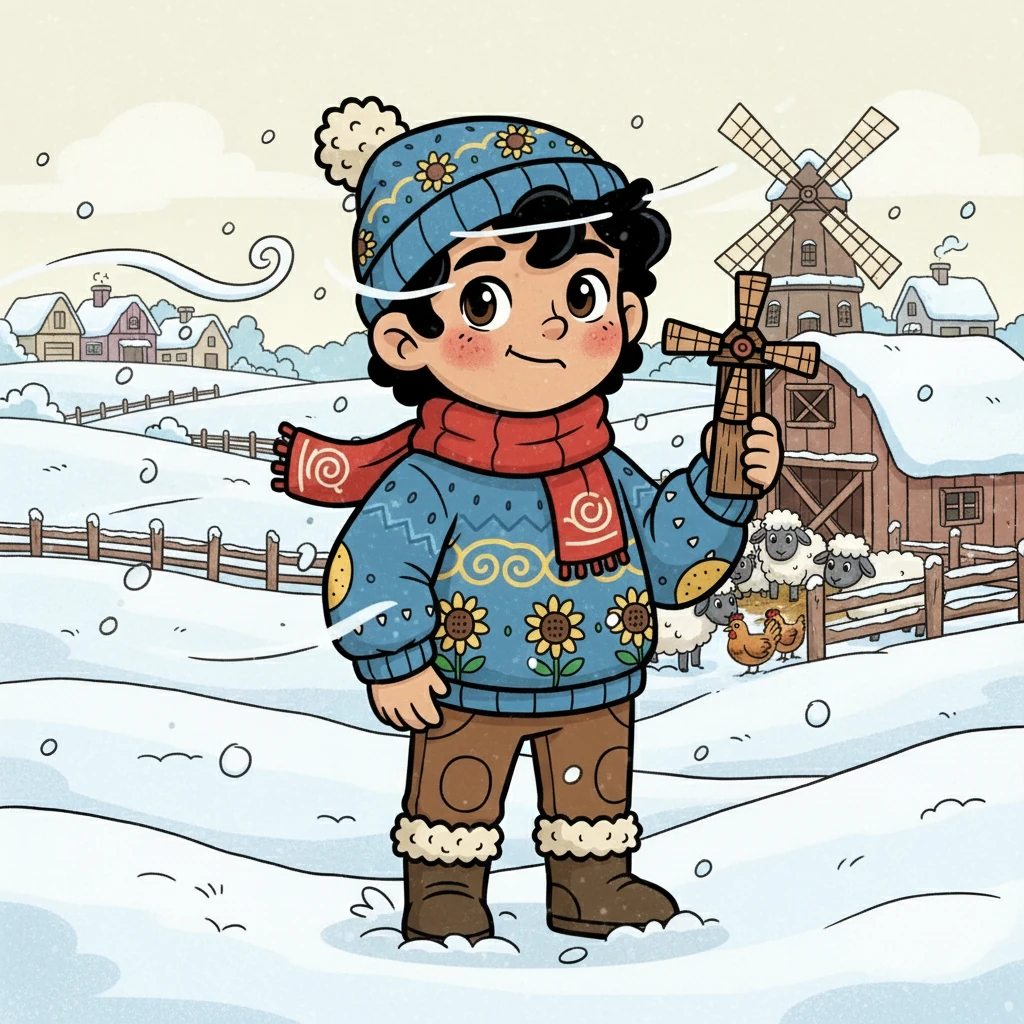 Winter arrived, and the landscape transformed. The once-green fields were now covered in a blanket of snow. Hamid bundled up in layers of warm clothes, bracing himself against the icy wind that whistled through the village. His cheeks turned rosy as he helped his family tend to the animals.