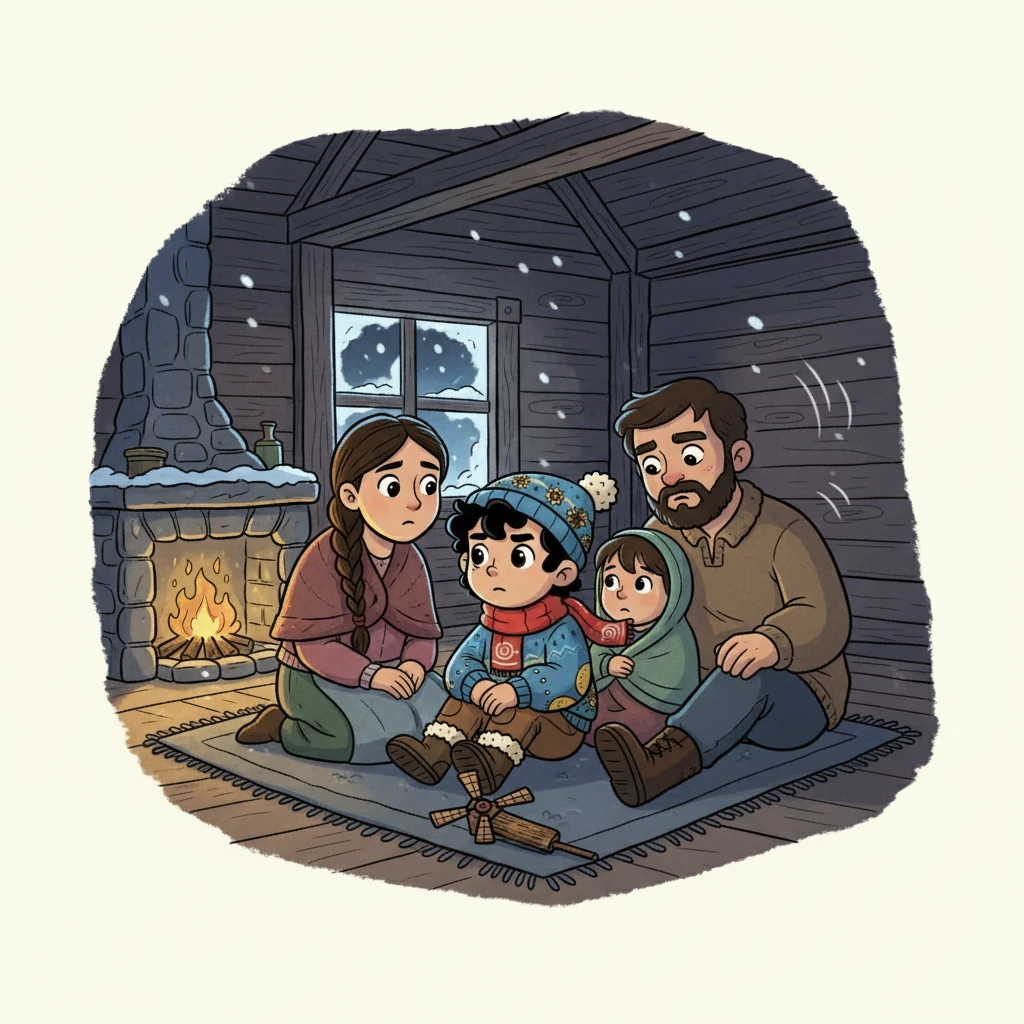 One day, a fierce storm swept through Ghez-ghal’eh. The wind howled, and snow piled high against the houses. Hamid's family huddled inside, listening to the creaks and groans of the old wooden home, worried about the livestock.