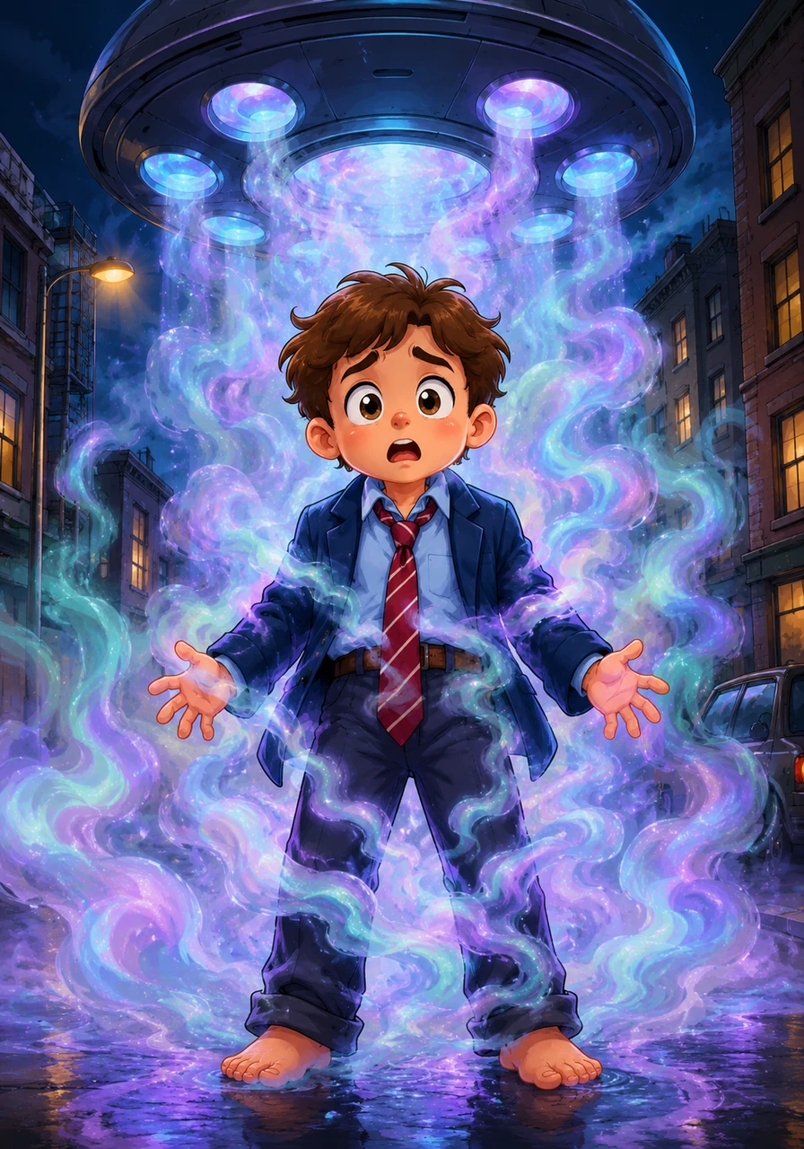 A shimmering, iridescent mist began to roll through the streets, released from the vents of the alien craft. Marky felt a strange, tingling warmth spread through his limbs as he breathed in the sweet-smelling vapor, unaware of the genetic rewrite beginning within him.