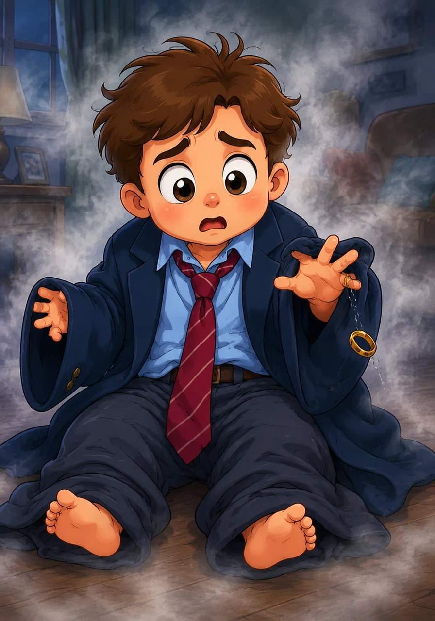 As the mist thickened, Marky gasped as his clothes suddenly felt three sizes too large, his sleeves hanging past his fingertips. He watched his hands soften and shrink, his wedding ring sliding off a finger that was rapidly becoming small and pudgy.