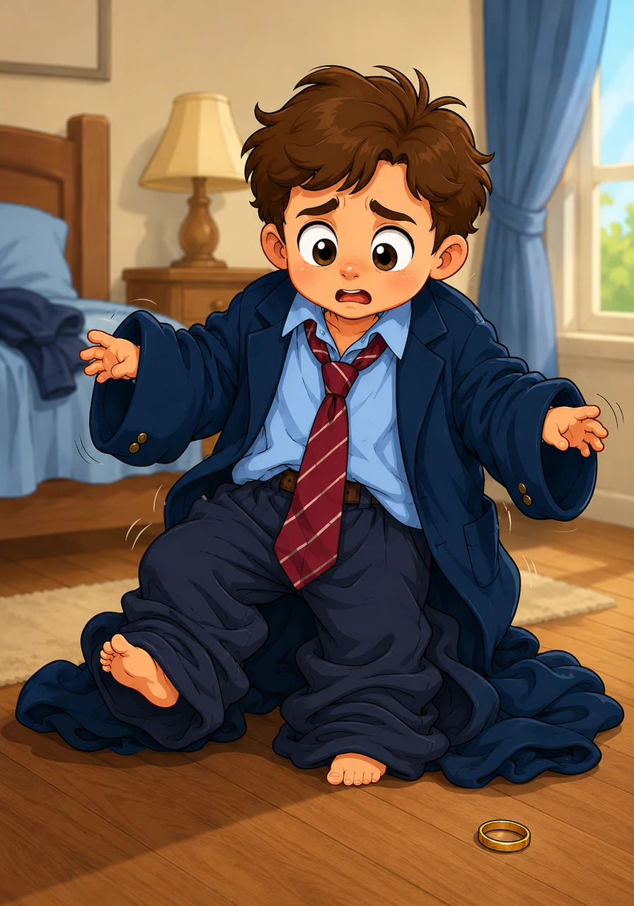 The transformation was swift and unstoppable, leaving Marky sitting in a heap of oversized fabric on the floor. He tried to stand, but his legs felt like jelly, and his coordination was replaced by the clumsy, wobbling movements of a toddler.