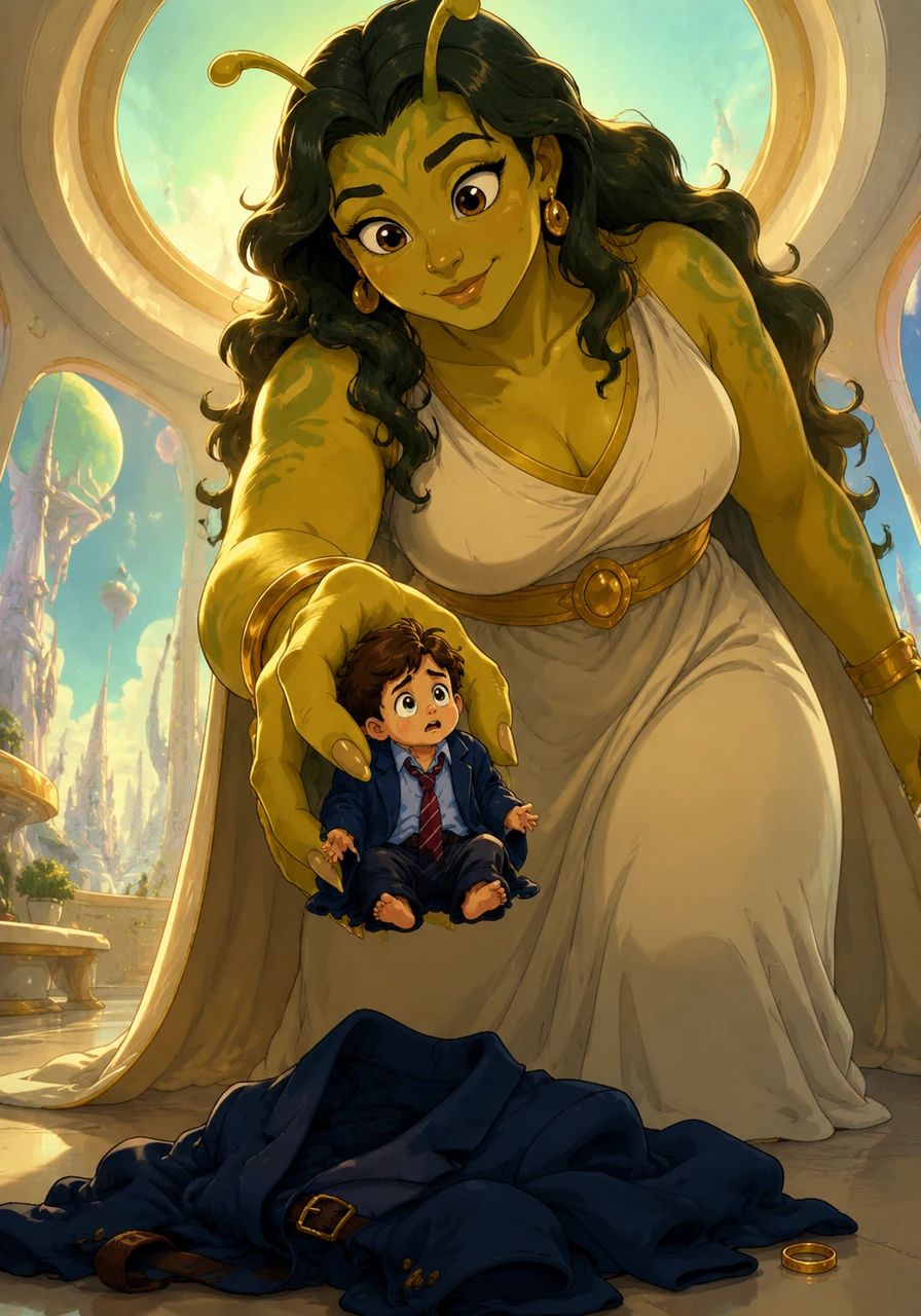A towering Venusian woman with kind but firm eyes looked down at Marky, her shadow engulfing his small form. She reached down with effortless strength, scooping him up from his pile of adult clothes as if he weighed nothing at all.