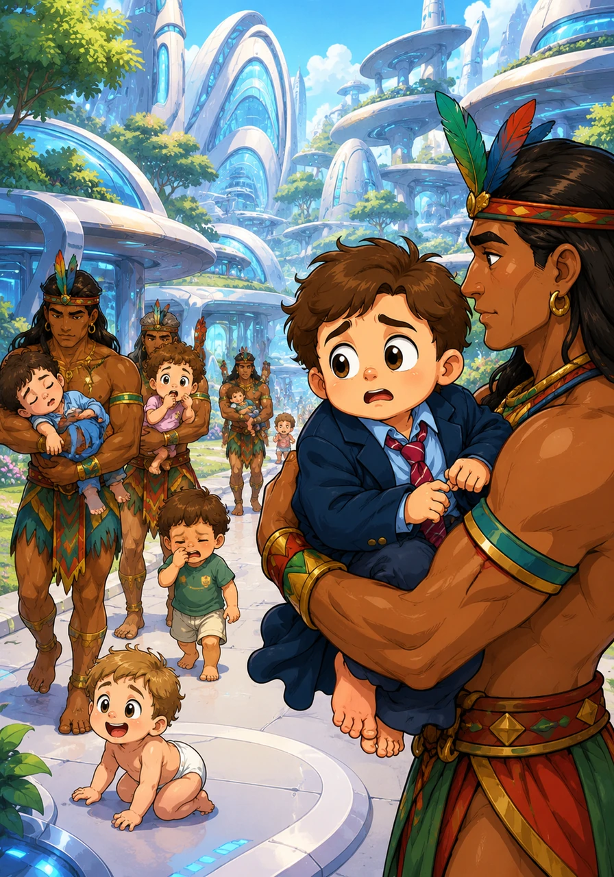 Outside, the world was being reshaped into a massive, high-tech sanctuary filled with soft edges and bright colors. Marky looked around from the Amazonian's arms, seeing other men being gathered, all of them regressed into various stages of early childhood.