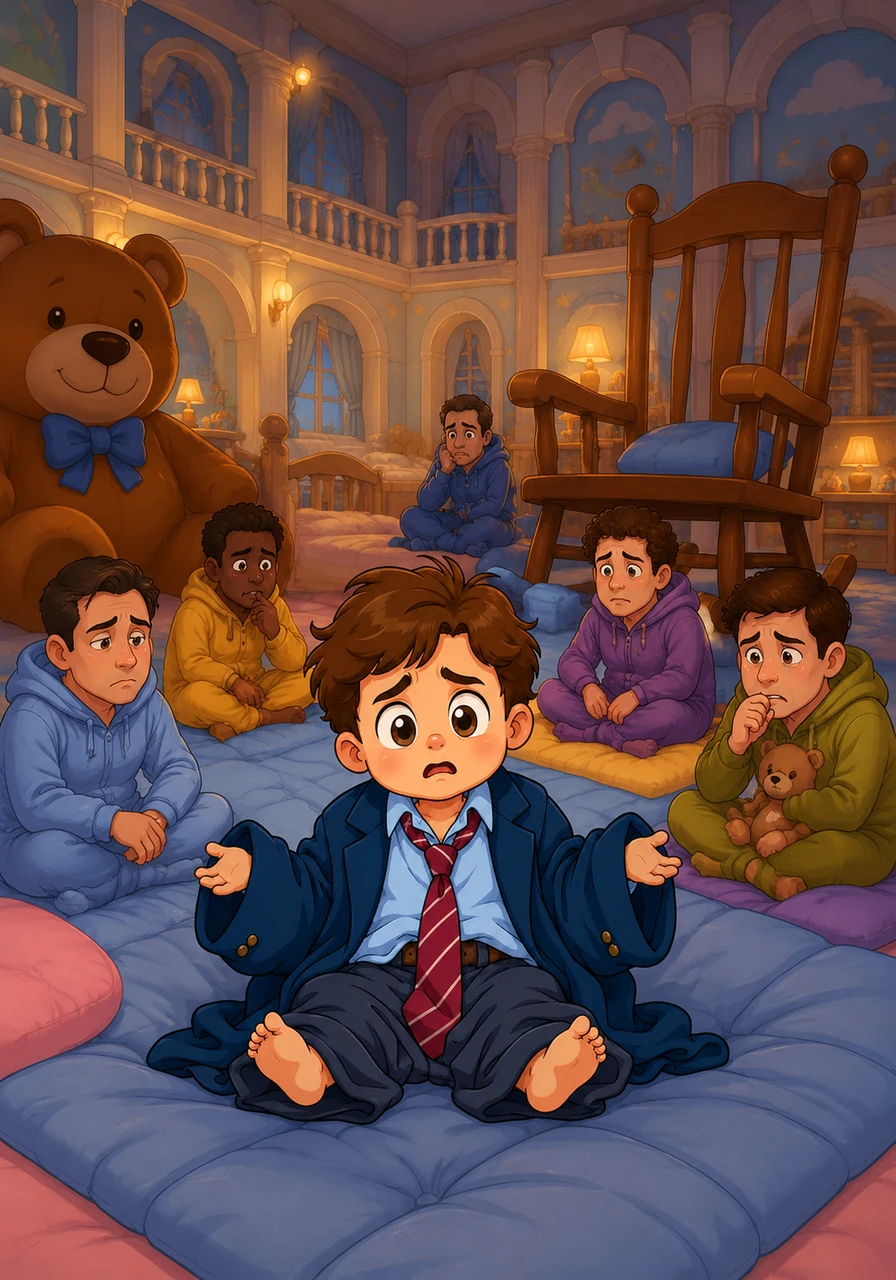 He was placed into a vast, luxurious nursery complex where the furniture was giant-sized and the walls glowed with soothing lights. Around him, other regressed men sat on soft mats, their expressions a mix of confusion and the simple, primal needs of the very young.