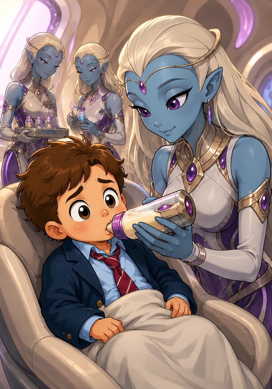 The Venusian caretakers moved with grace, attending to their new charges with specialized tools and gentle care. Marky found himself being fed a nutrient-rich formula from a sleek bottle, realizing that his basic needs were now entirely in the hands of these powerful women.