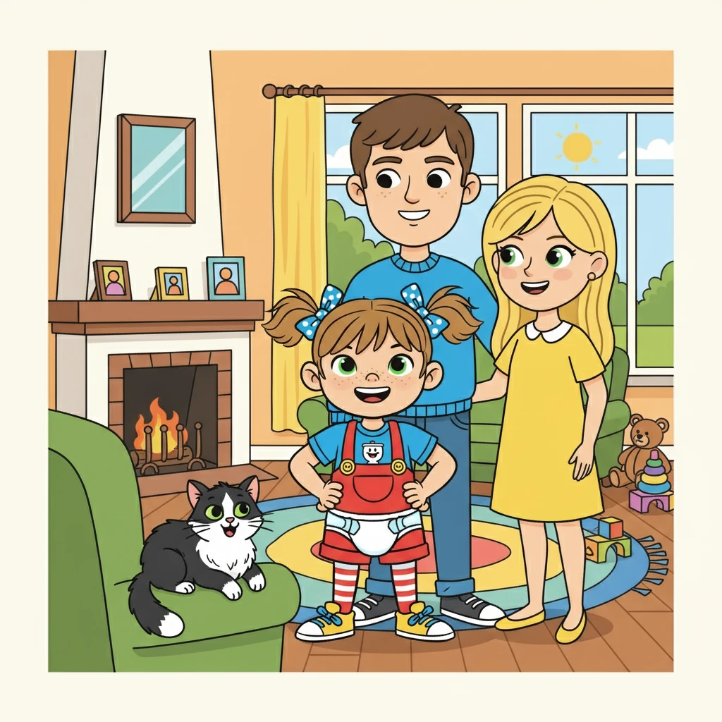 Inès, une petite fille de deux ans aux cheveux blonds et aux yeux verts pétillants, adorait jouer. Elle vivait dans une maison joyeuse avec son papa brun, sa maman blonde et son chat noir et blanc, Nina. Inès portait toujours une couche, mais elle commençait à se sentir grande.