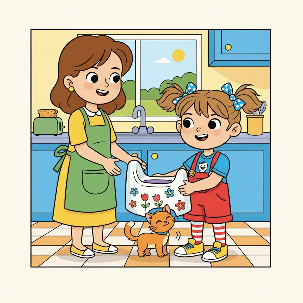 Un matin, maman a présenté à Inès un pot tout neuf, décoré de jolies fleurs. "Ceci est ton nouveau pot, Inès !" dit maman avec un sourire. Nina, curieuse, frotta son dos contre le pot, ronronnant doucement.