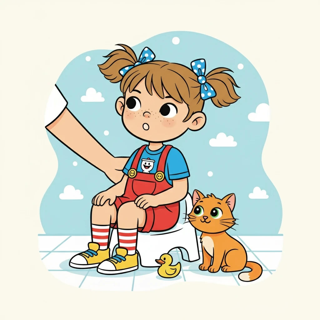 Inès, intriguée, s'approcha du pot et s'assit dessus, avec l'aide de maman. Elle regarda autour d'elle, explorant cette nouvelle sensation. Nina, assise à côté, la regardait attentivement, comme pour l'encourager.