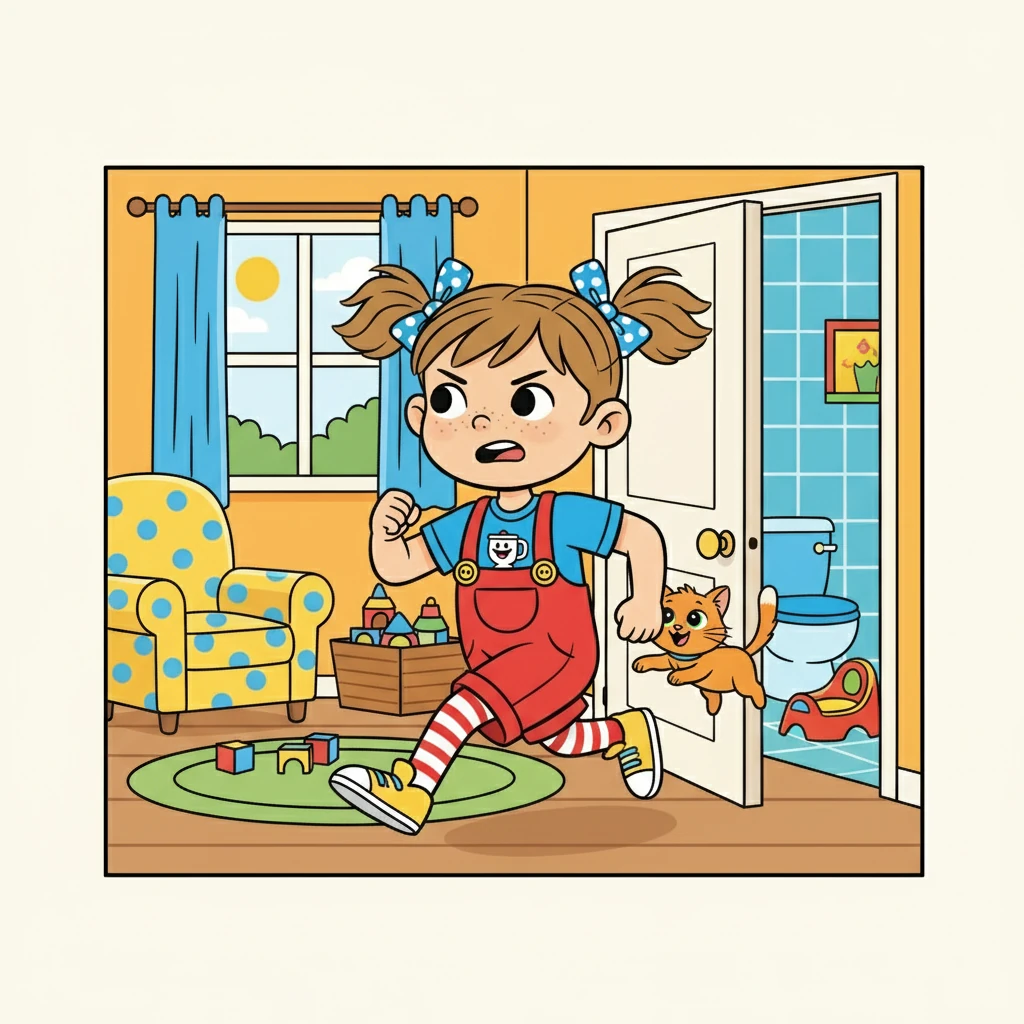 Le lendemain, Inès jouait joyeusement dans le salon quand elle sentit une petite envie. Elle se souvint du pot. Elle courut vers la salle de bain, Nina la suivant de près, miaulant d'encouragement.