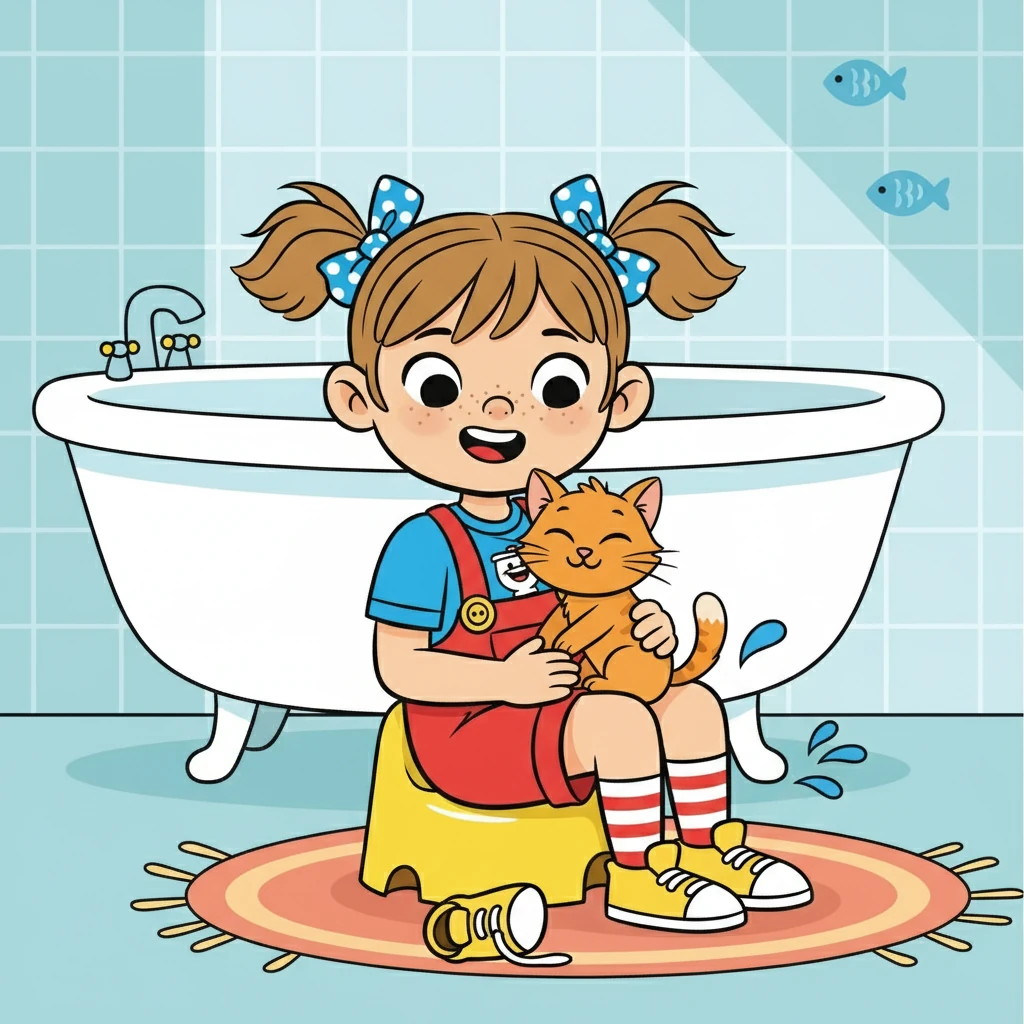 Inès s'assit sur le pot. Elle attendit patiemment, et soudain, un petit "plouf" ! Elle fut fière d'elle-même. Nina sauta sur ses genoux et lui fit un câlin, ronronnant de contentement.