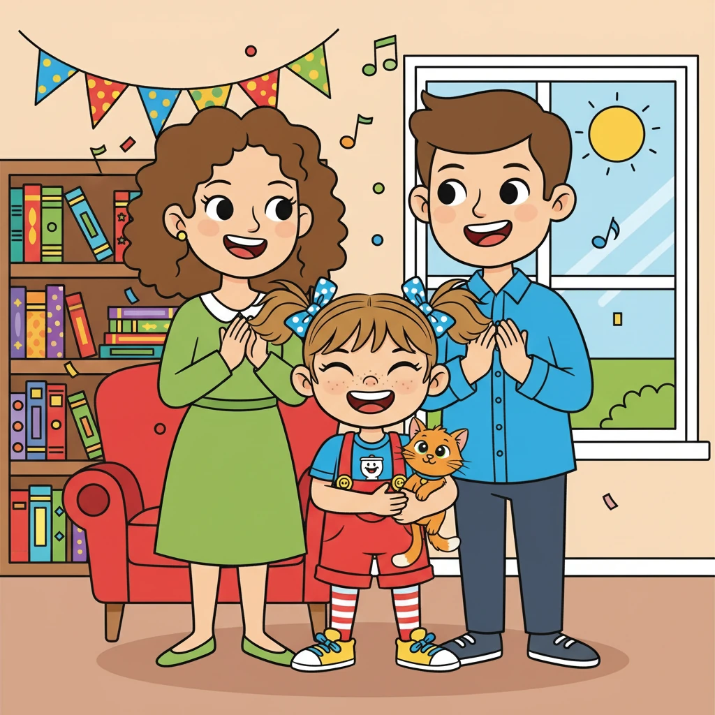 Maman et papa félicitèrent Inès avec de grands sourires et des applaudissements. Ils lui firent un gros câlin et lui promirent une récompense spéciale. Inès rayonnait de bonheur, fière de son accomplissement.