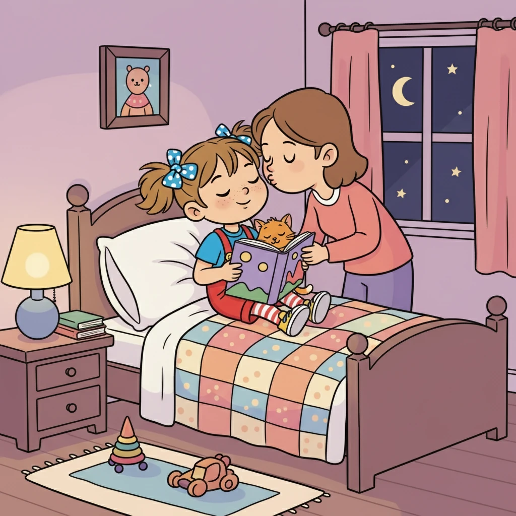 Le soir, avant de dormir, Inès choisit son livre préféré. Elle s'installa confortablement dans son lit, avec Nina blottie à ses côtés. Maman et papa lui firent un gros bisou, heureux de voir leur petite fille grandir.