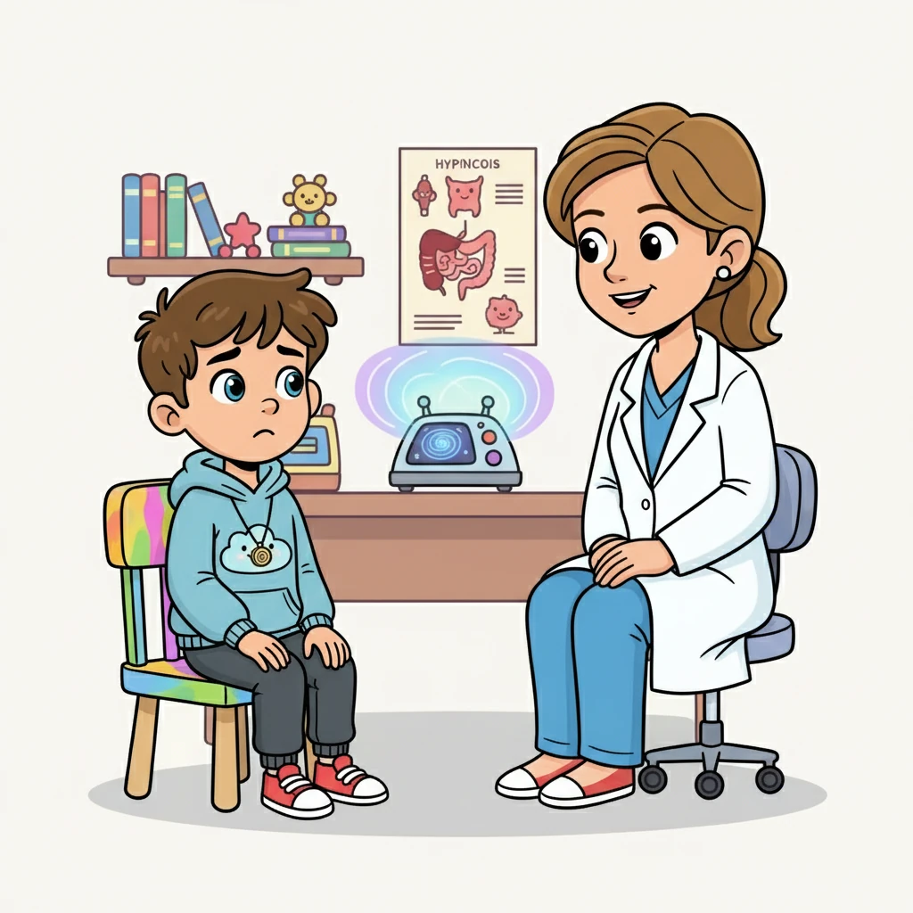 Théo, un petit garçon curieux aux yeux brillants, était assis sur une chaise dans le bureau du docteur. Il était un peu inquiet, car il allait essayer quelque chose de nouveau : l'hypnose médicale. Le docteur souriait gentiment, une lueur de compréhension dans ses yeux, prêt à l'aider.