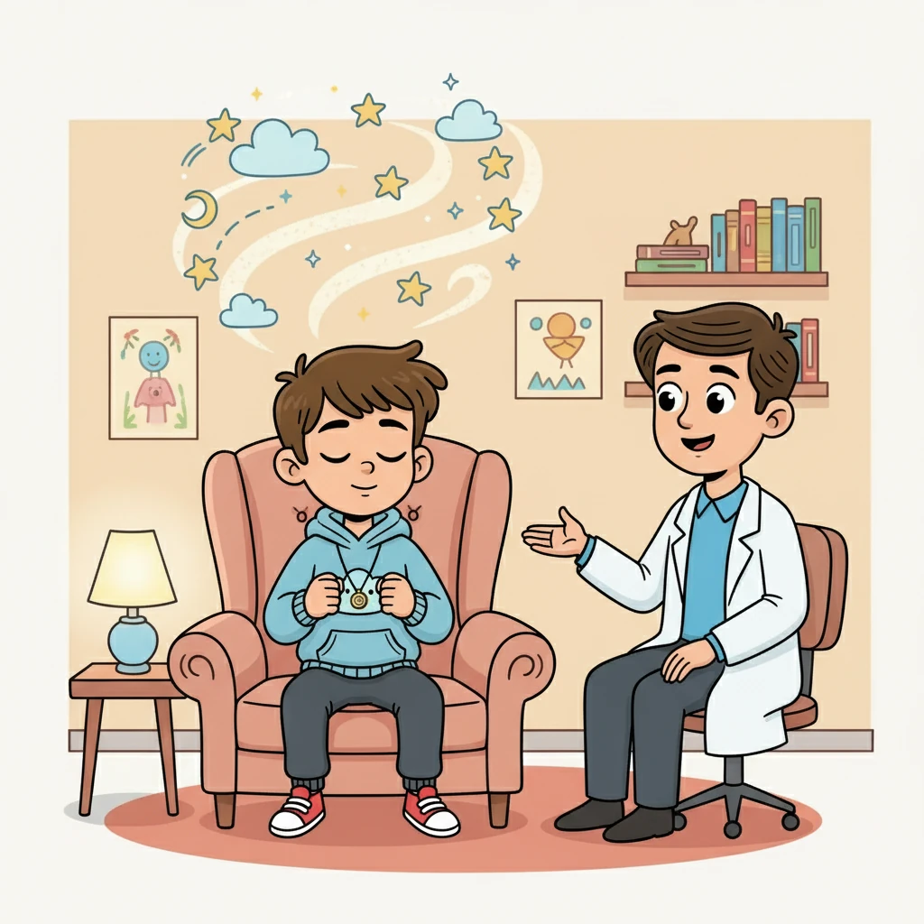 Le docteur expliqua à Théo que l'hypnose était comme un voyage dans son imagination. Il l'invita à fermer les yeux et à se détendre, comme s'il était prêt pour une grande aventure. Théo serra un peu les poings, mais la voix douce du docteur le rassurait.