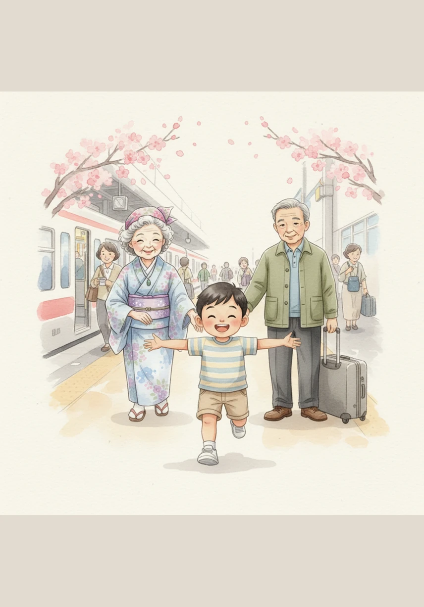 At the bustling station, Julian runs with open arms to greet his Obachan and Grandpa who have traveled from very far away. He is so happy to see them, and they wrap him in a warm, loving hug as the city lights twinkle behind them.