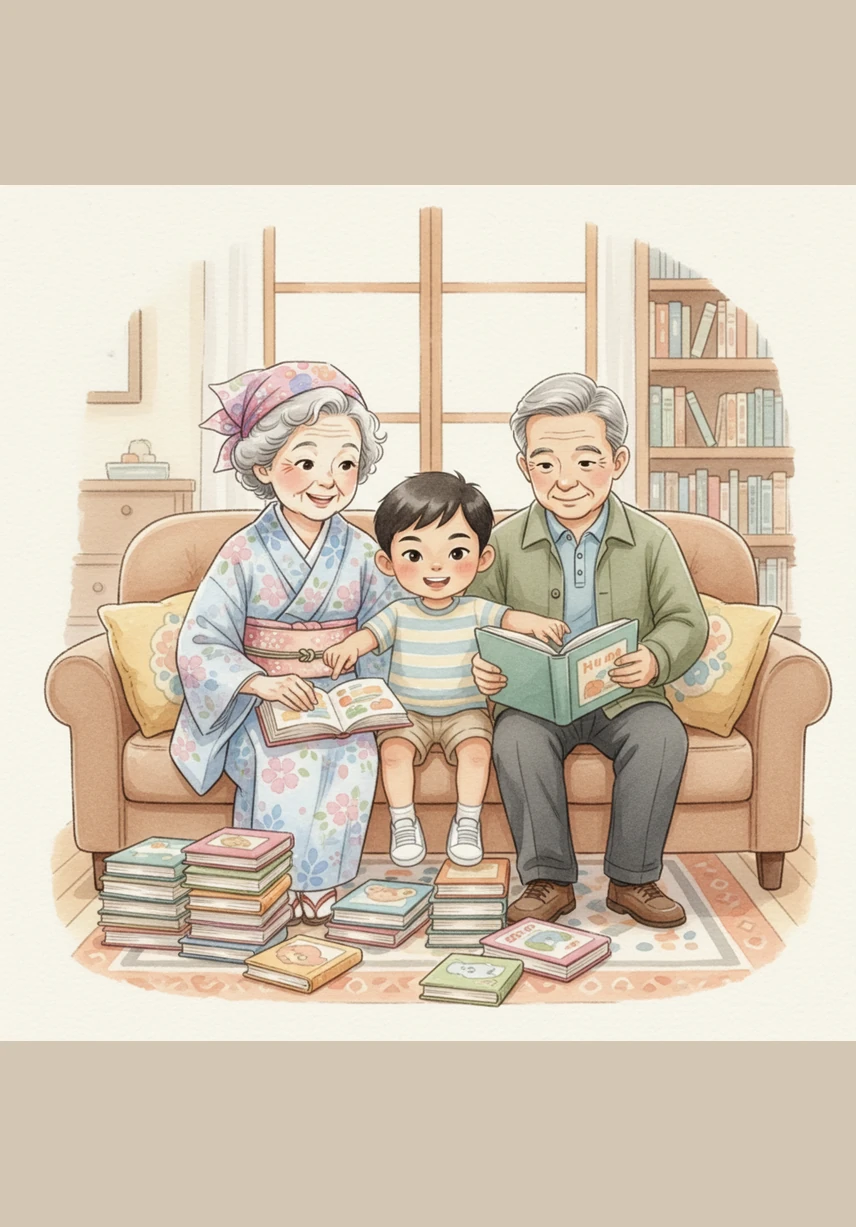 Back at home, Julian sits nestled between his grandparents on the sofa, surrounded by a mountain of colorful picture books. They spend hours reading stories together, pointing at the pictures and learning new words on every page.