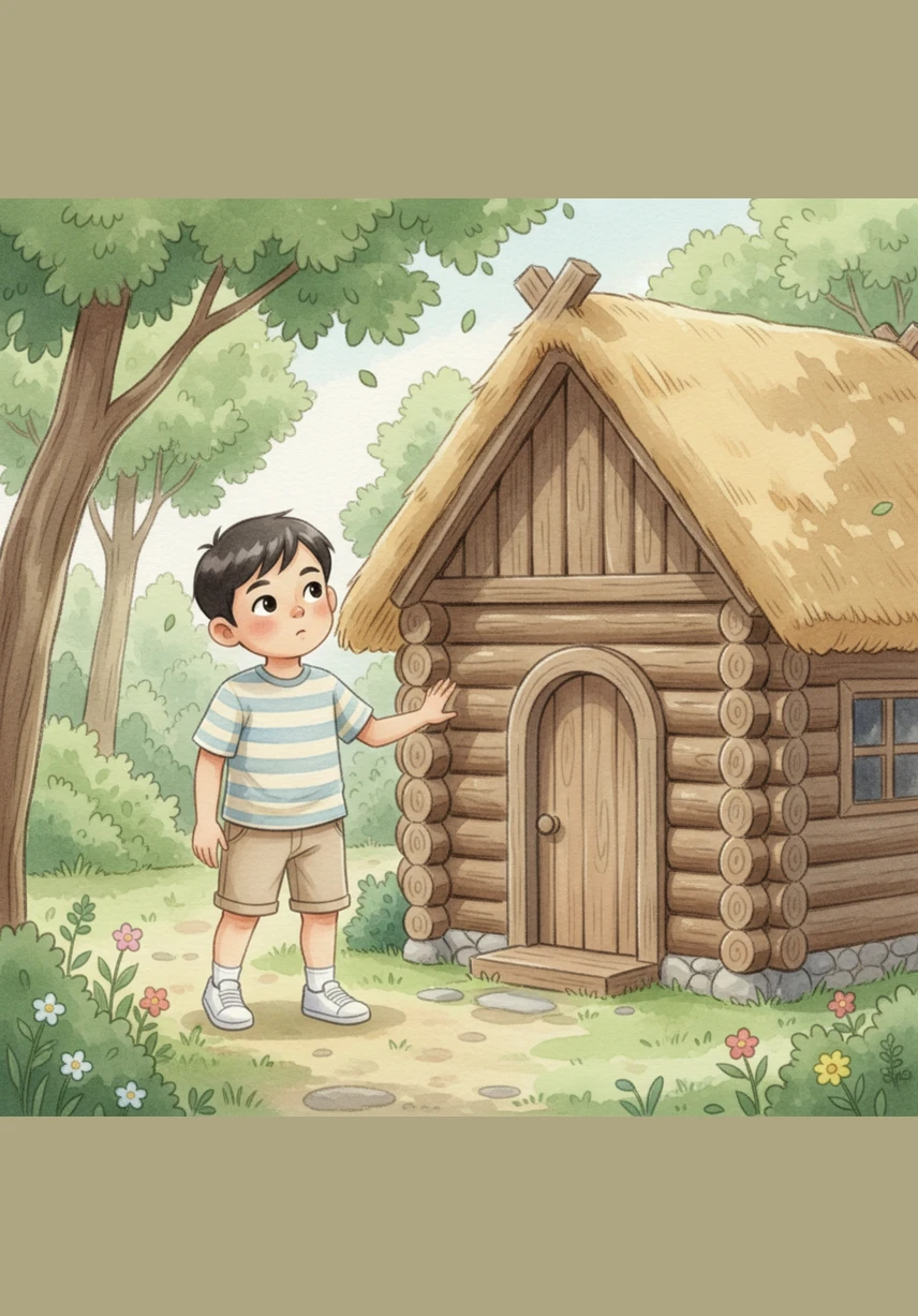 While walking through a quiet, green area, Julian finds a charming little house made entirely of dark wood. He walks around it slowly, touching the rough logs and wondering about the people who built such a special place.