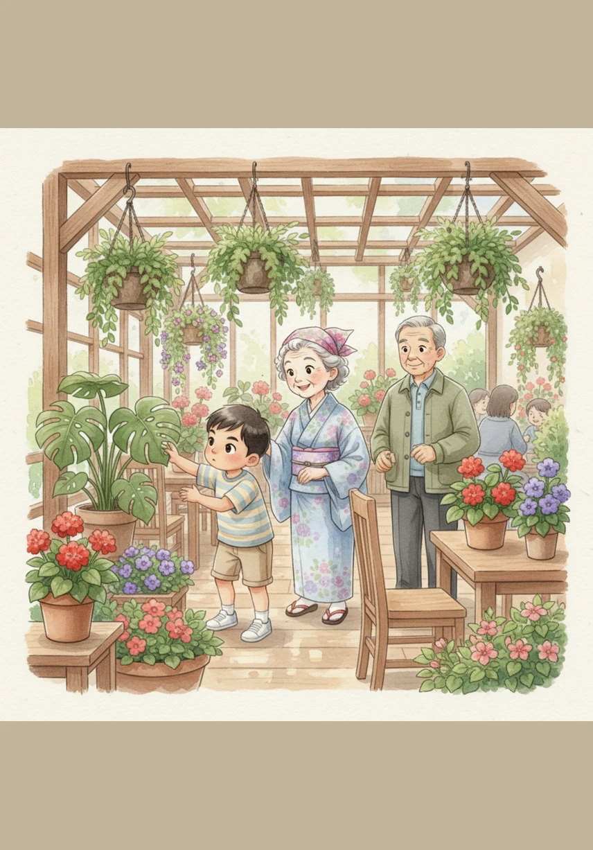 They stop at a beautiful Garden Cafe filled with vibrant flowers and leafy green plants hanging from the ceiling. Julian looks closely at the different shapes of the leaves, learning how each plant grows in its own special way.