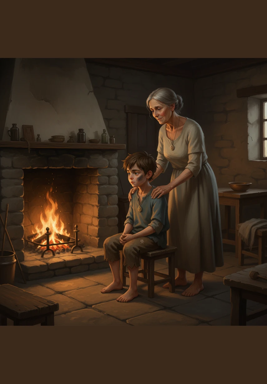 Young Oliver sits by a flickering hearth, his mother’s gentle hand resting on his shoulder. Though their home is humble and cold, the warmth of her love fills the small room and masks the hunger in his belly.
