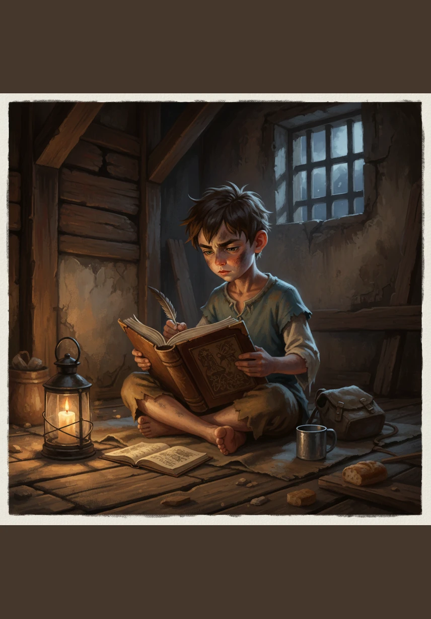 In a dusty attic, Oliver spends his nights teaching himself to read and calculate using discarded ledgers and books he found in the trash. The dim candlelight flickers against the walls as he maps out a future far beyond the reach of poverty.