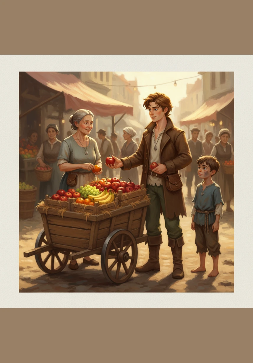 With his meager savings, Oliver builds a small wooden cart to sell fresh fruit in the bustling marketplace. He treats every customer with a kind smile and a sharp mind, slowly growing his tiny business one coin at a time.