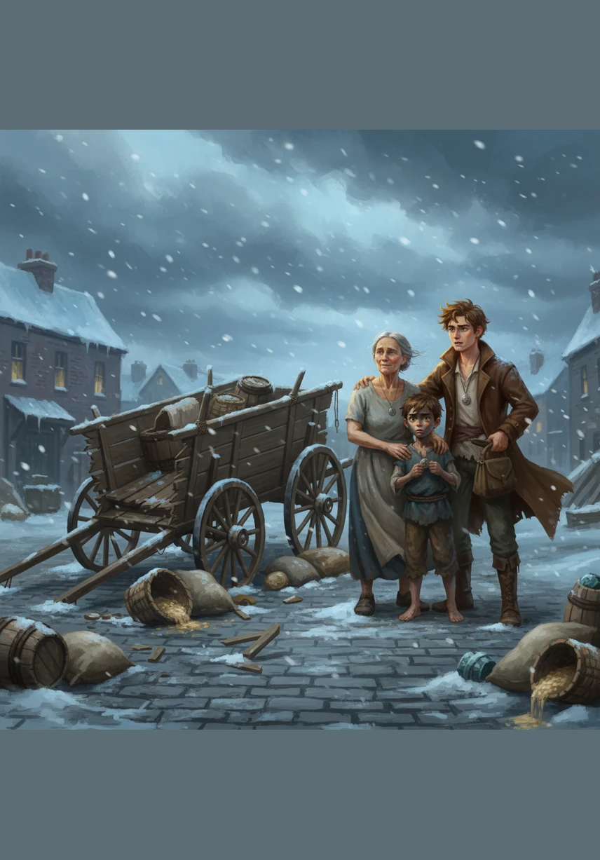 A fierce winter storm shatters his cart and scatters his goods across the icy cobblestones, leaving him with nothing. Despite the freezing wind and the heavy loss, Oliver picks up the pieces, his spirit refusing to break under the weight of misfortune.