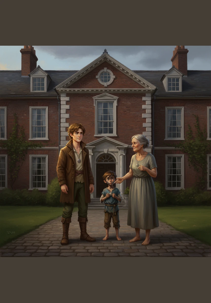 Oliver stands before a magnificent estate of brick and stone, a symbol of the wealth and security he once only dreamed of. He wears a tailored coat and carries himself with the quiet dignity of a man who has truly conquered his circumstances.