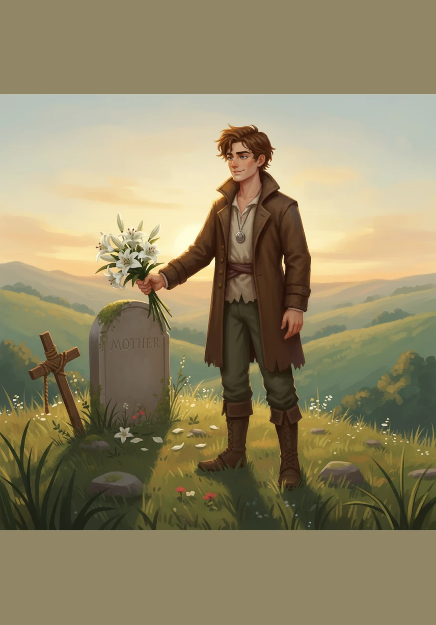 Returning to the quiet hillside where his journey began, Oliver places a bouquet of white lilies on his mother's grave. He holds his head high and smiles at the horizon, knowing he has finally fulfilled his golden promise.