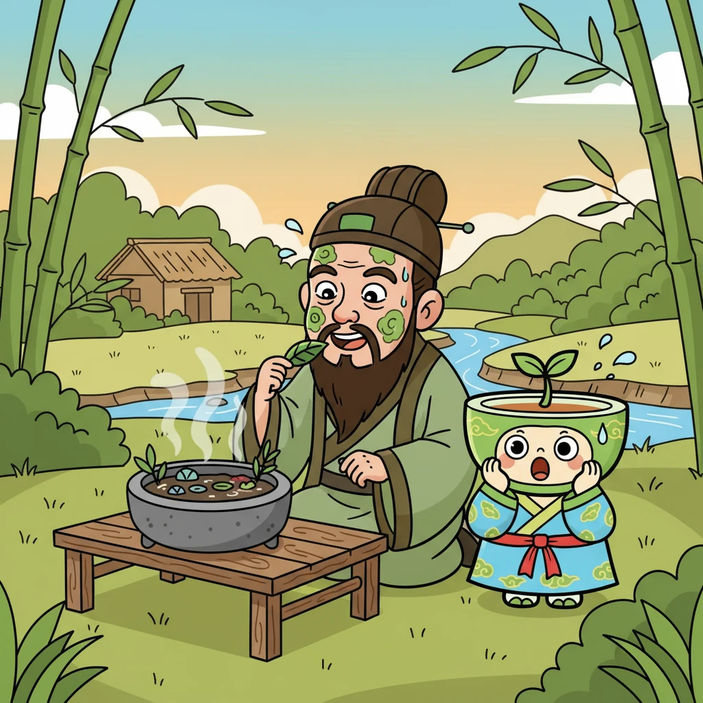 很久很久以前，一位名叫神农氏的英雄，正在尝试各种草药。他不小心中毒了，幸好他发现了茶叶，解了毒，才得以脱险。小茶茶，一只可爱的小茶壶，在一旁好奇地看着这一切，脸上露出了惊讶的表情。