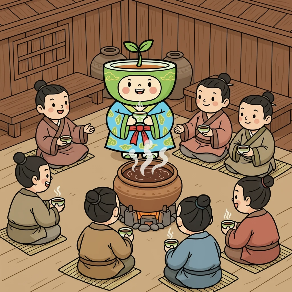 时光飞逝，来到了西汉时期。人们开始将茶叶煮成浓汤饮用。小茶茶看到人们围坐在一起，分享着这碗特别的茶汤，脸上充满了好奇和喜悦。