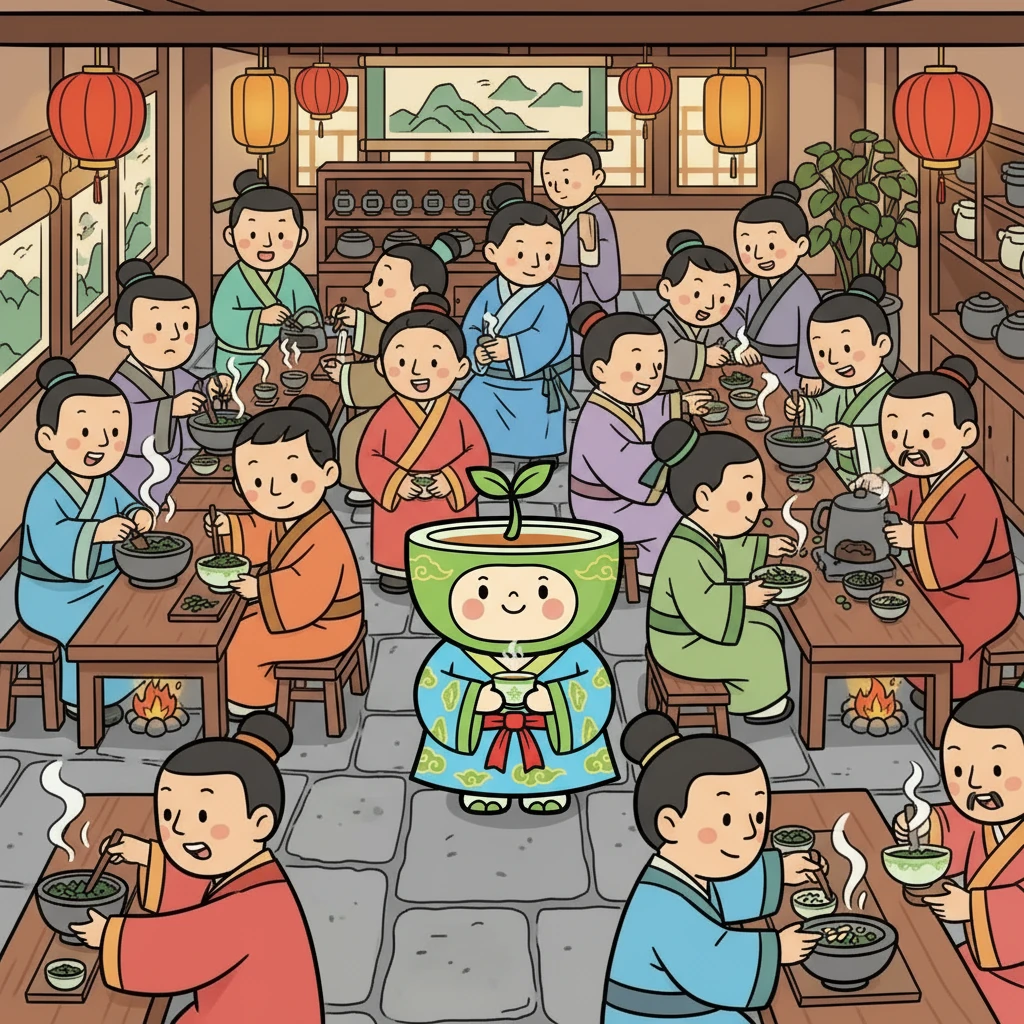 到了唐代，饮茶的风气更加盛行。人们会将茶叶磨成粉末，在煮茶时还会加入葱、姜等调味料。小茶茶在人群中穿梭，观察着人们煮茶、饮茶，感受着茶文化的丰富多样。