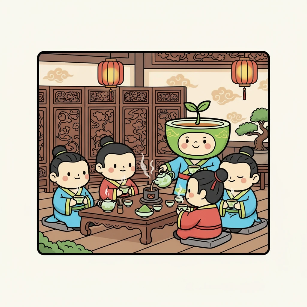 宋代，饮茶达到了鼎盛时期。人们习惯将茶叶磨成粉末，用沸水冲泡。小茶茶看着人们围坐在茶桌旁，品味着香气四溢的茶汤，感受着茶带来的宁静与和谐。