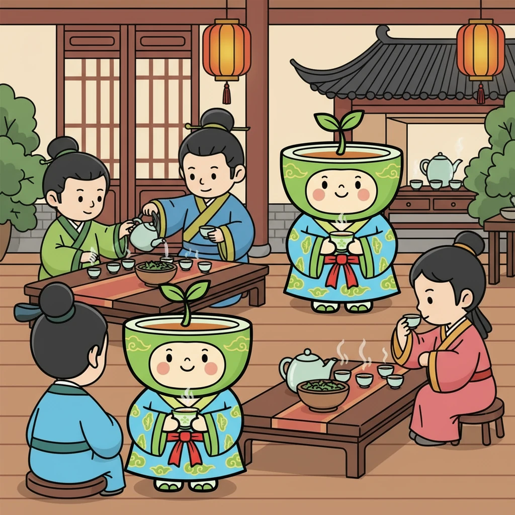 明代，饮茶的方式发生了改变。人们用沸水冲泡茶叶，只喝茶水，不再食用茶叶。小茶茶静静地看着人们享受着清澈的茶水，感受着茶文化的传承与发展。