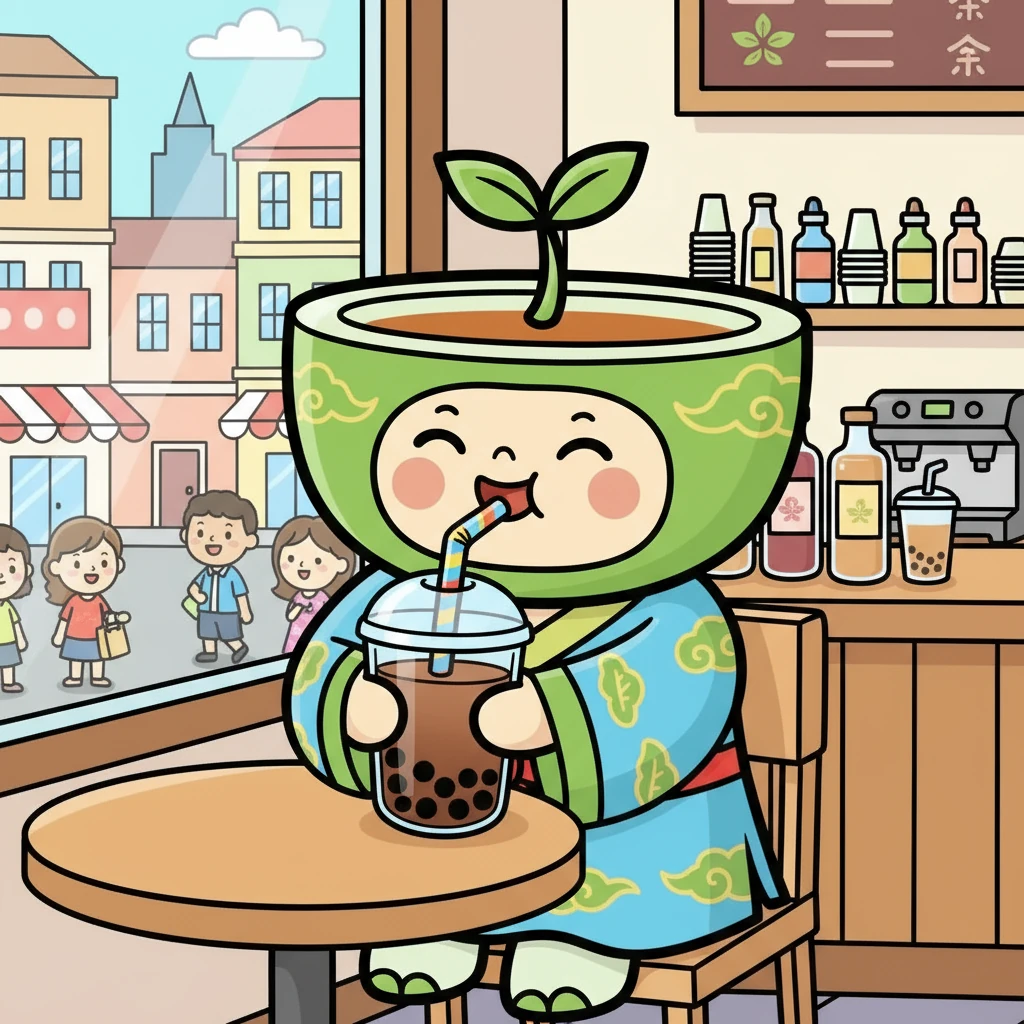 现代，茶已经成为了世界性的饮品。各种各样的茶饮应运而生，其中泡泡茶异军突起。小茶茶开心地品尝着一杯香甜的珍珠奶茶，见证着茶文化在时代中的创新与发展。