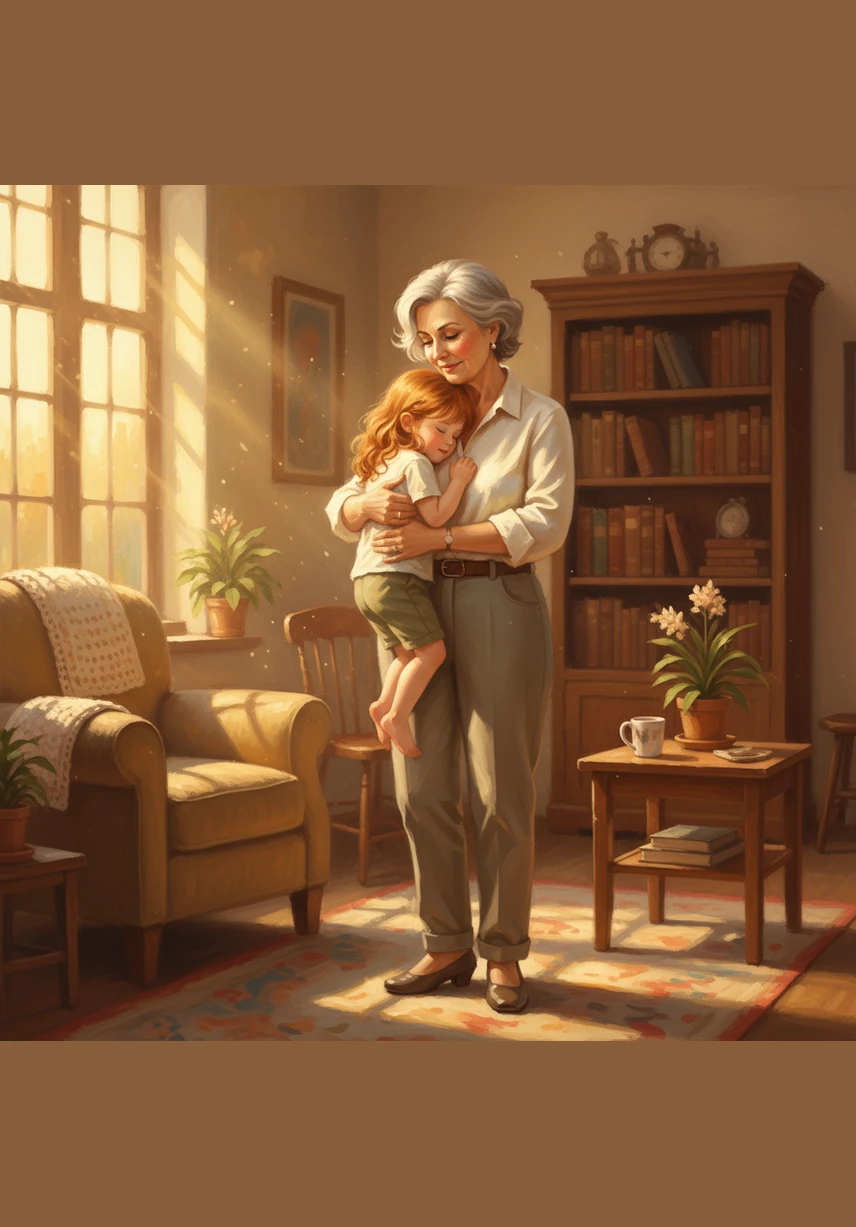 Уютная комната, наполненная мягким солнечным светом и ароматом домашнего тепла. Мама создает атмосферу спокойствия и защиты, доказывая, что дом — это не просто место, а она сама.